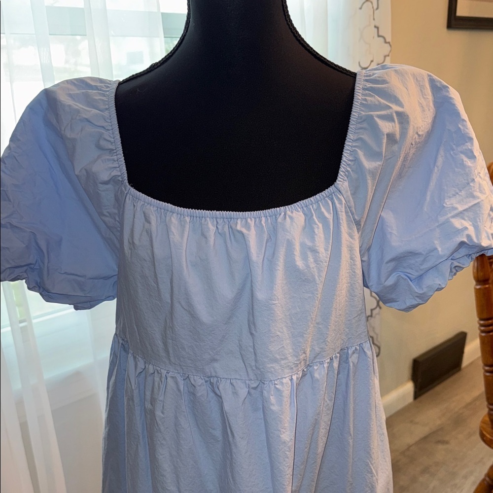 Light Blue Puff Sleeve Tiered Midi Dress summer, beach, casual, feminine, blue - Picture 2 of 9